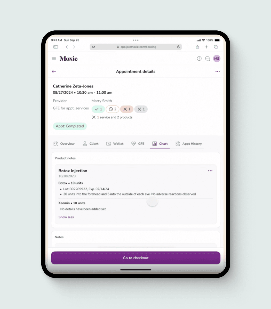Moxie appointment chart screen with treatment notes and checkout