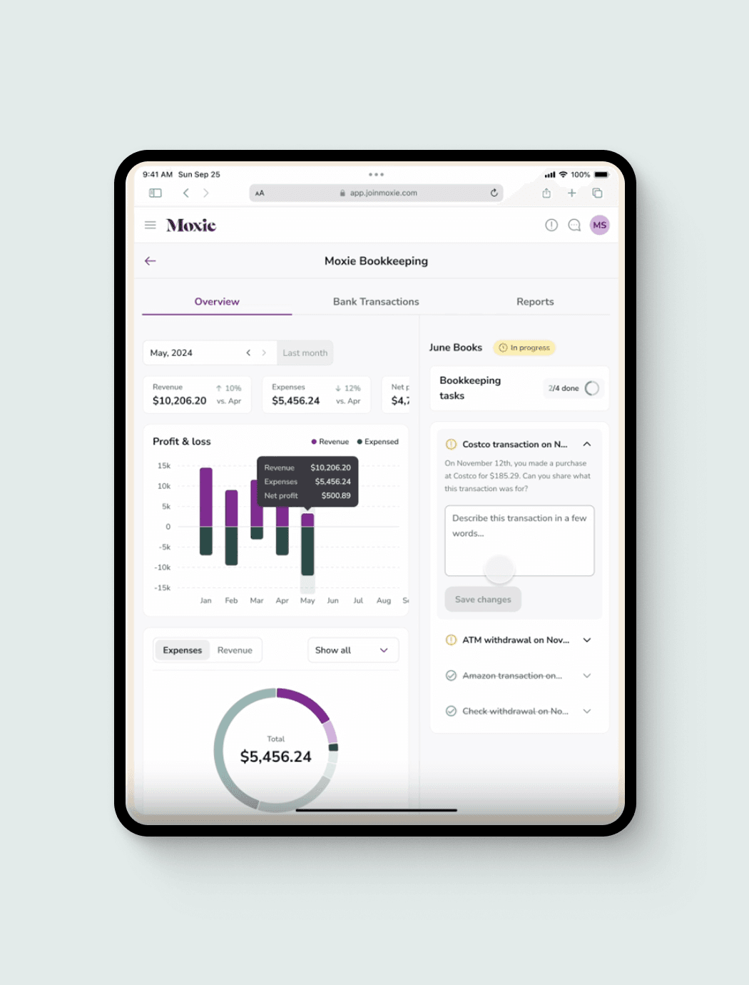 Moxie bookkeeping dashboard with charts and pending tasks on a tablet