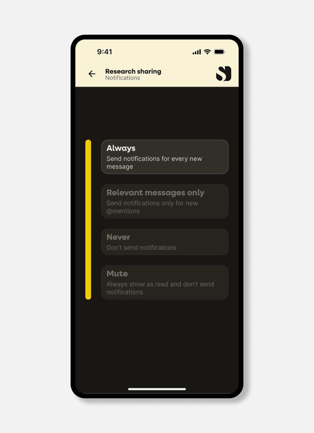 Filament notifications screen with options for always, relevant messages only, never, and mute