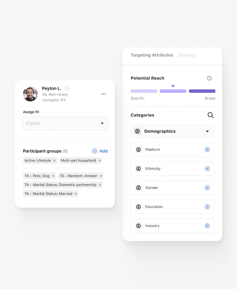 Two dscout interface panels for assigning participant groups and setting targeting attributes