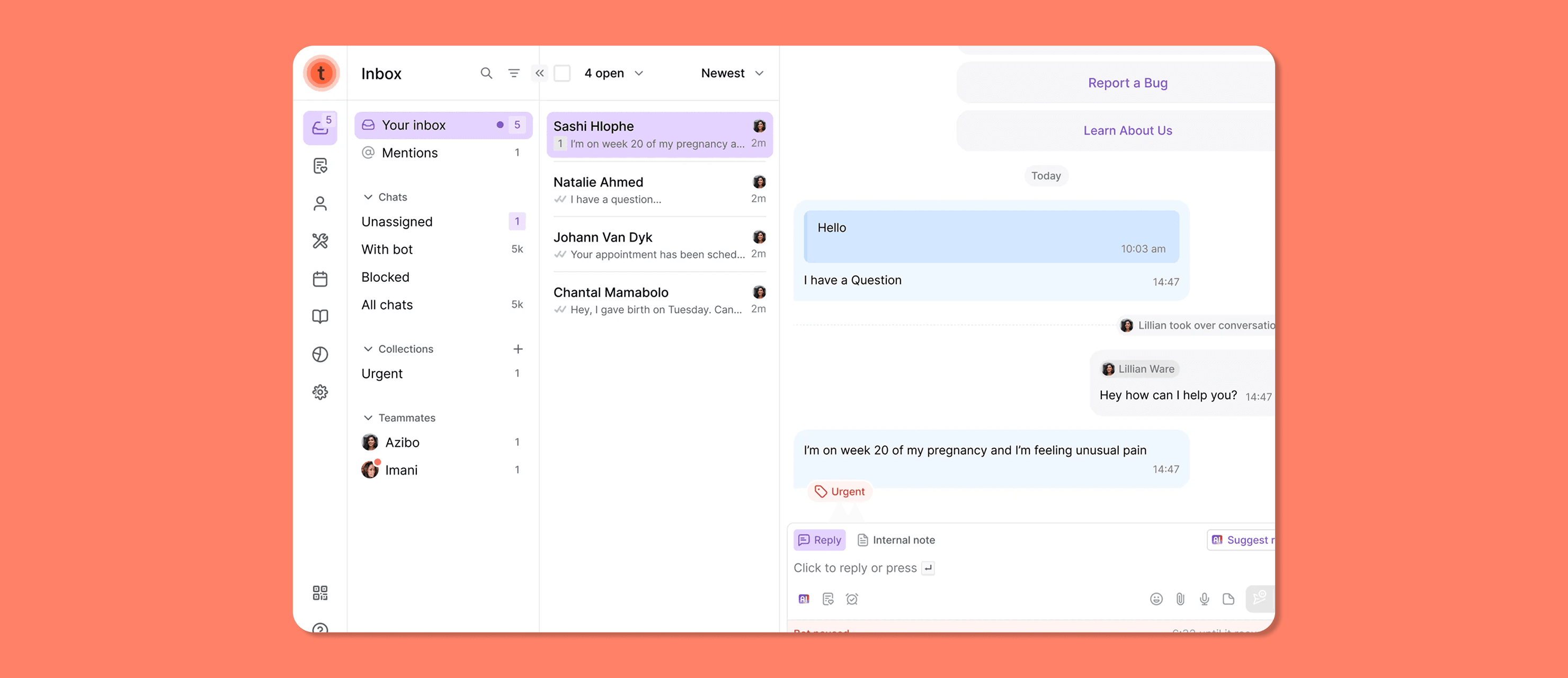Turn.io inbox screen with patient chats and an urgent pregnancy message open in the conversation pane