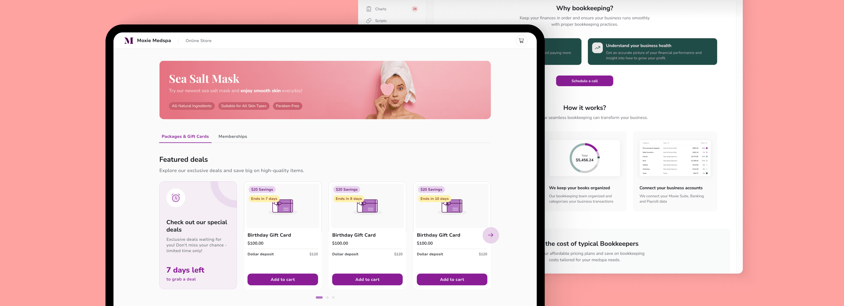 Moxie product screens showing a medspa storefront and a bookkeeping dashboard