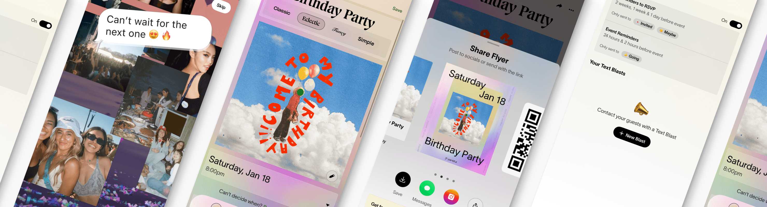 Partiful app gallery showing event collage, invite design, flyer sharing, and text blast screens