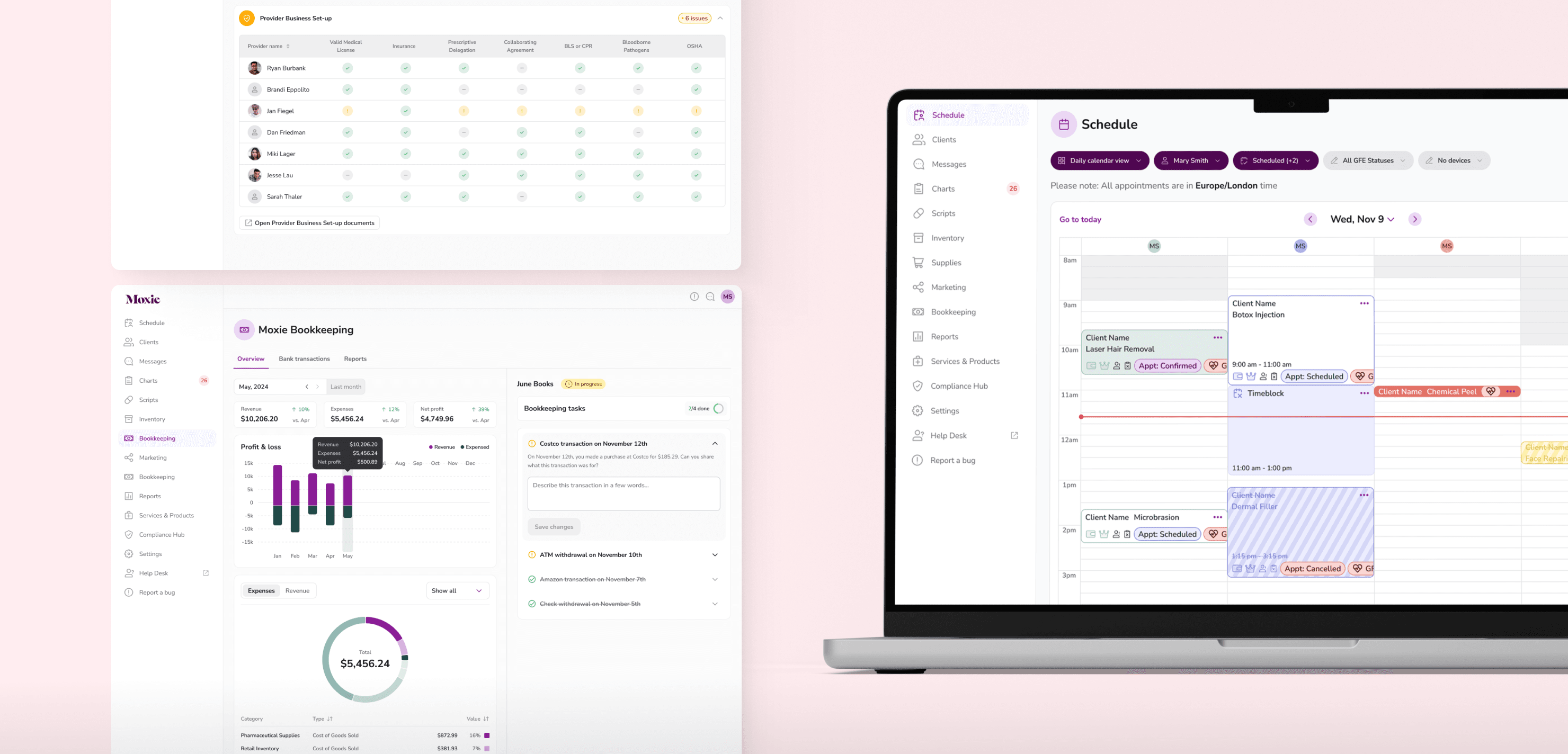 Moxie product collage with provider setup, bookkeeping dashboard, and calendar views