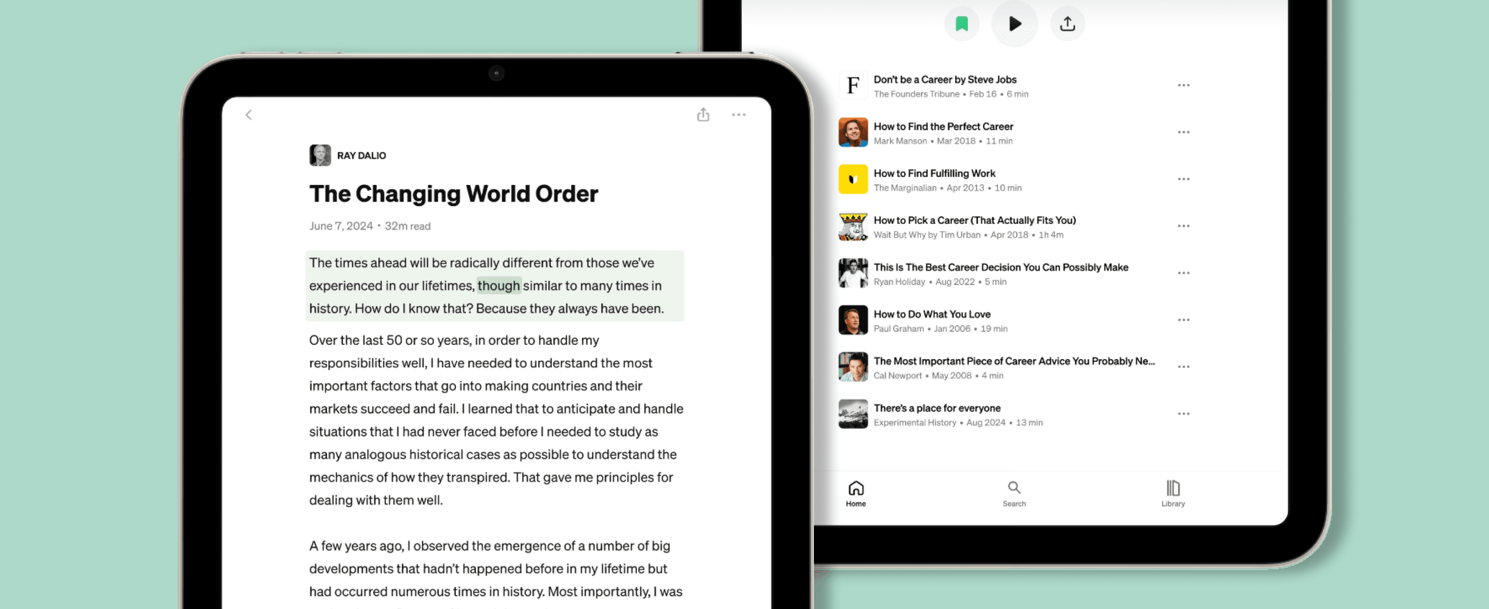 Tablet mockup showing the Perch reader on the left and an article library list on the right