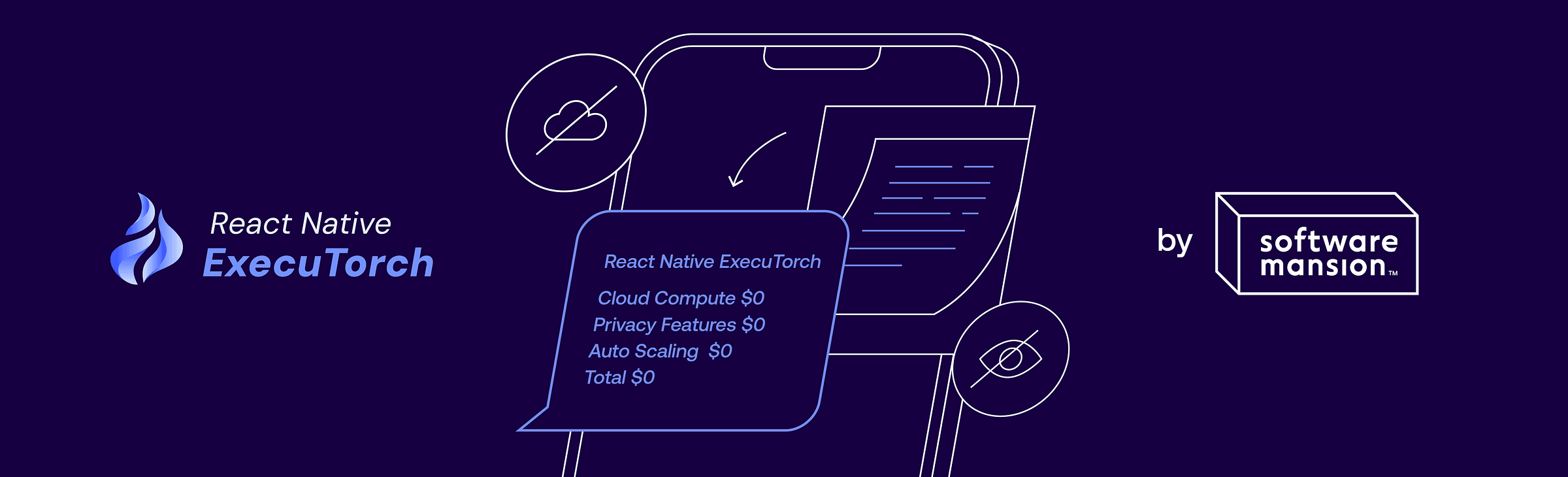 React Native ExecuTorch logo beside a phone bill graphic with crossed-out cloud and eye icons