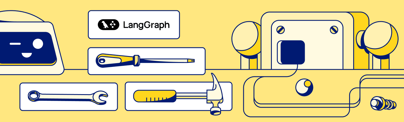 LangGraph tools illustration with robot parts and hand tools