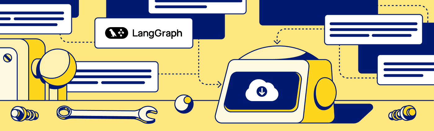 LangGraph RAG cover with a robot, cloud download, and tool icons