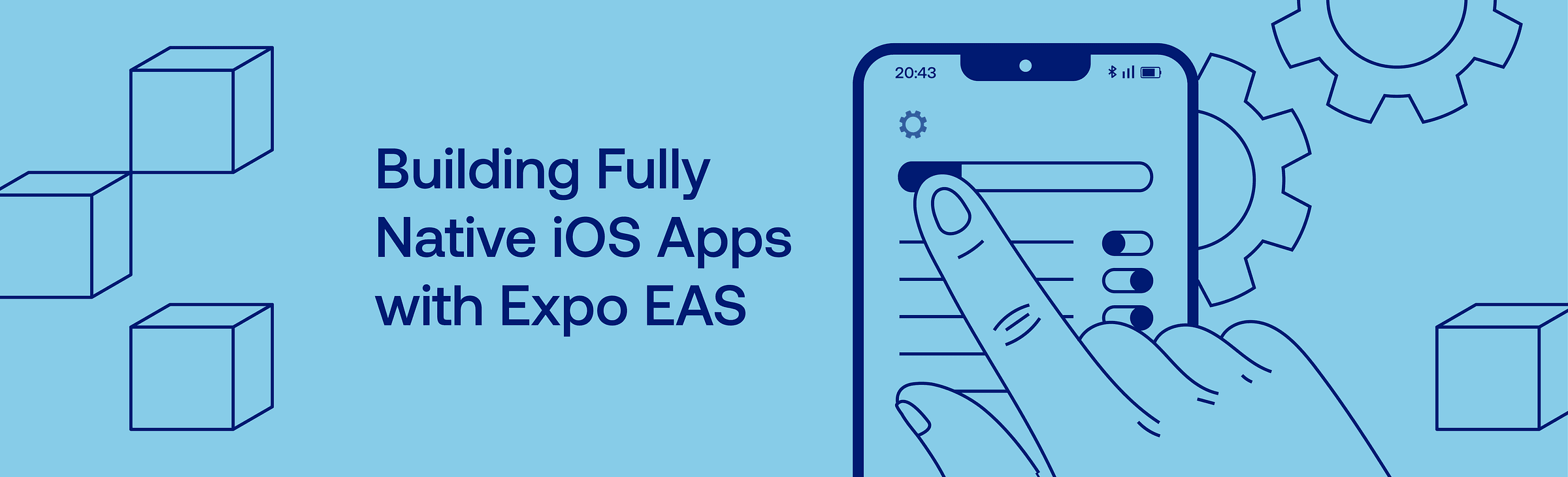 Hand configuring settings on an iPhone beside the title "Building Fully Native iOS Apps with Expo EAS"
