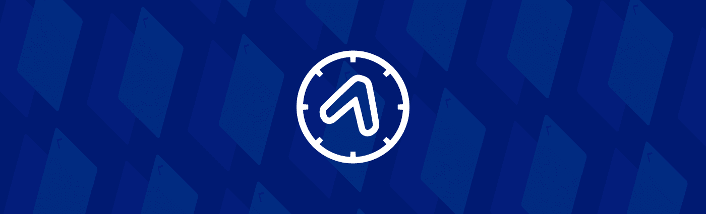 Blue graphic with an upward arrow inside a clock