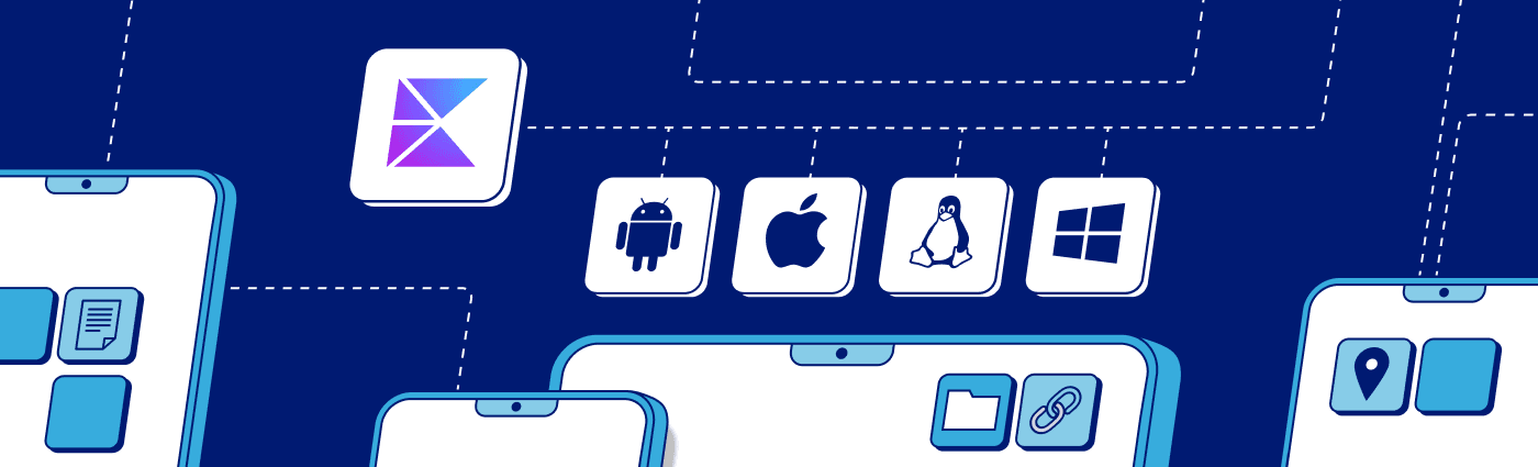 Kotlin Multiplatform logo above Android, Apple, Linux, and Windows icons with mobile app screens