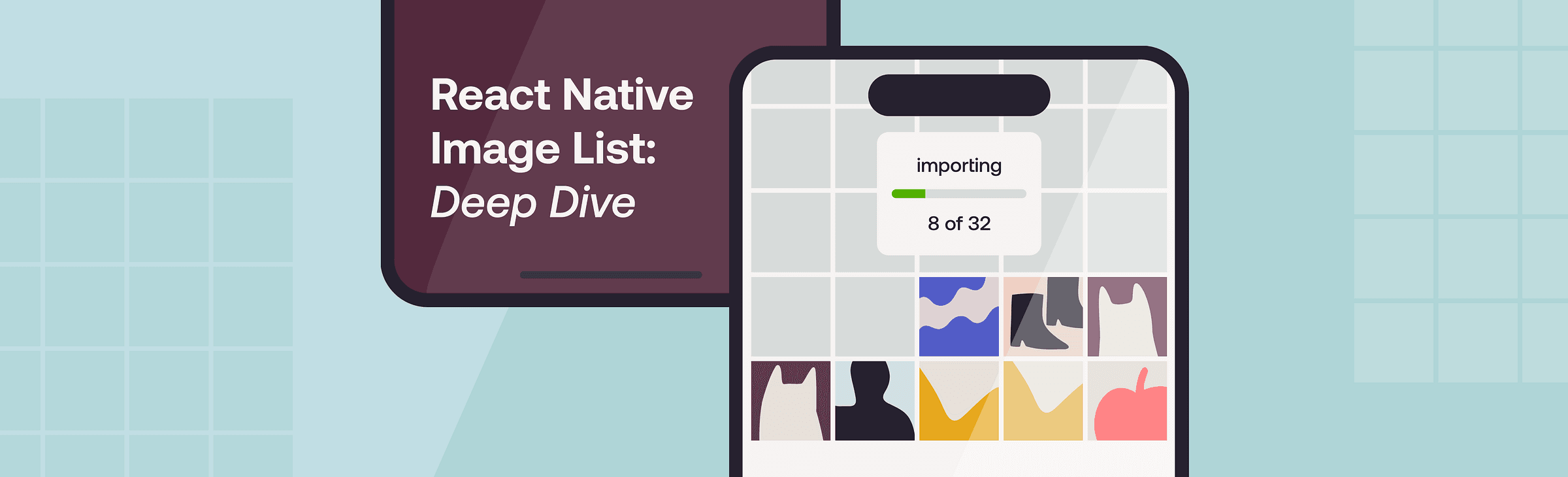 React Native Image List Deep Dive cover with a phone photo grid and import progress