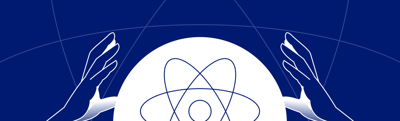 Crystal ball illustration with a React atom and hands