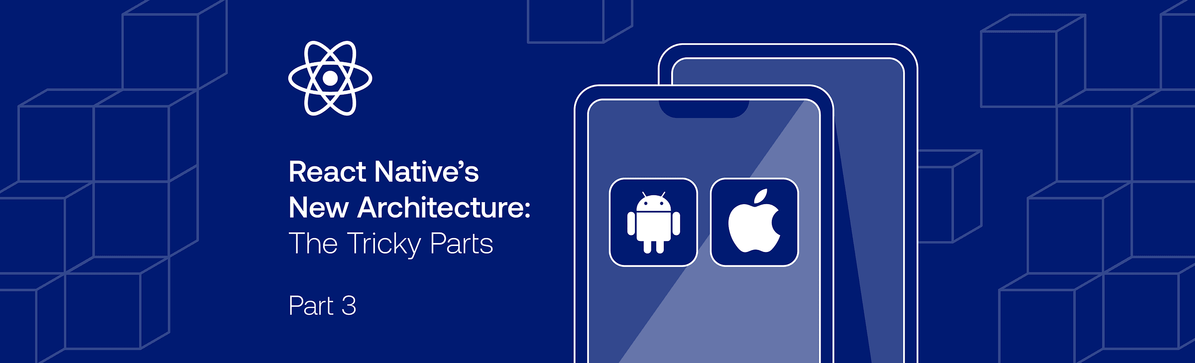 React Native New Architecture title card labeled Part 3 with Android and Apple icons on a phone