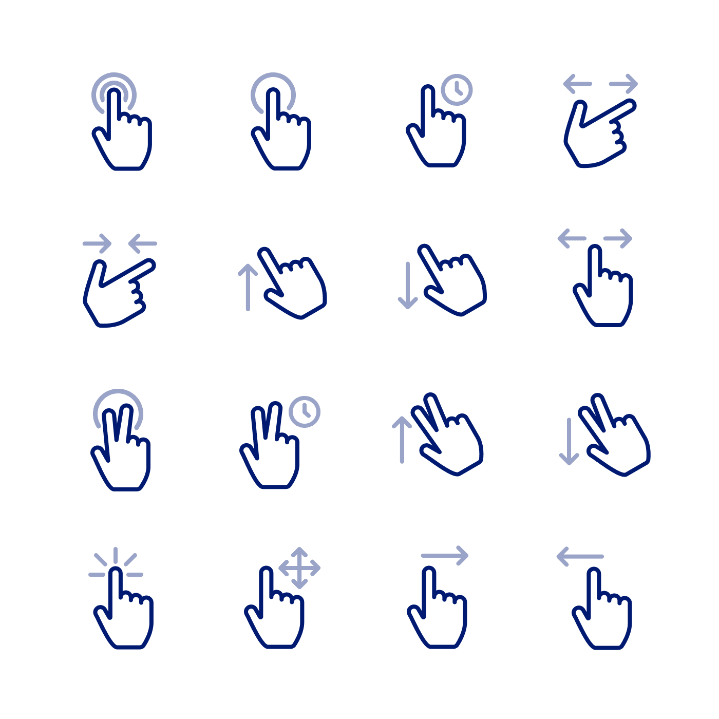 Grid of hand gesture icons for taps, swipes, and long presses