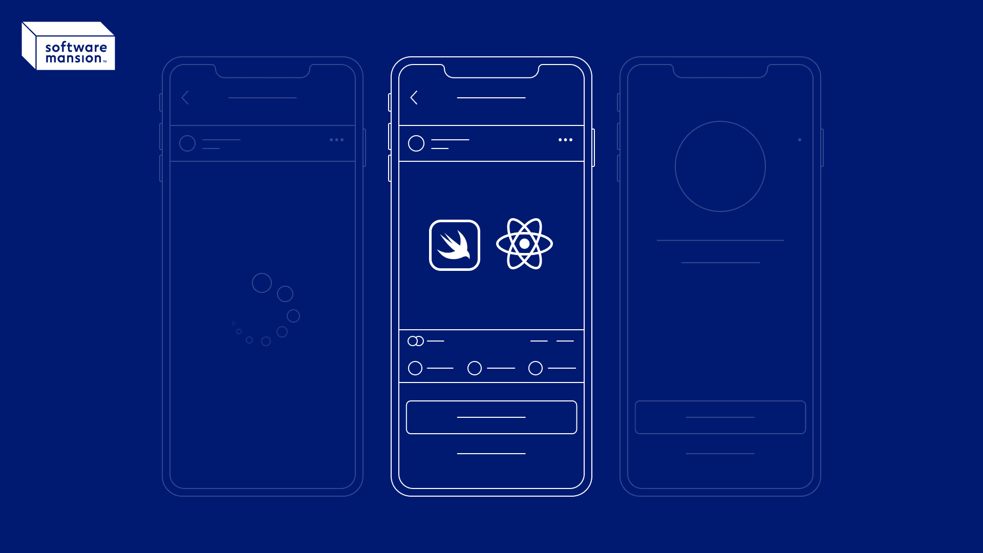 Three smartphone interface mockups with Swift and React logos