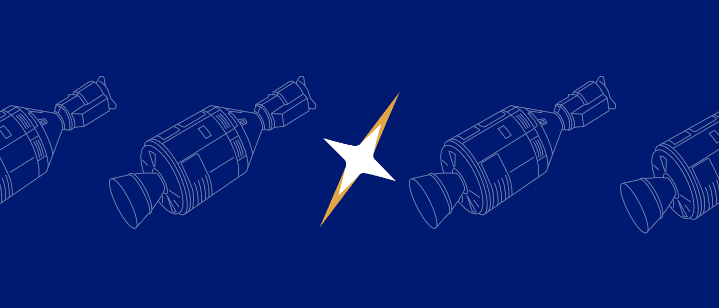 Star-shaped spark between blueprint-style rockets on a dark blue background