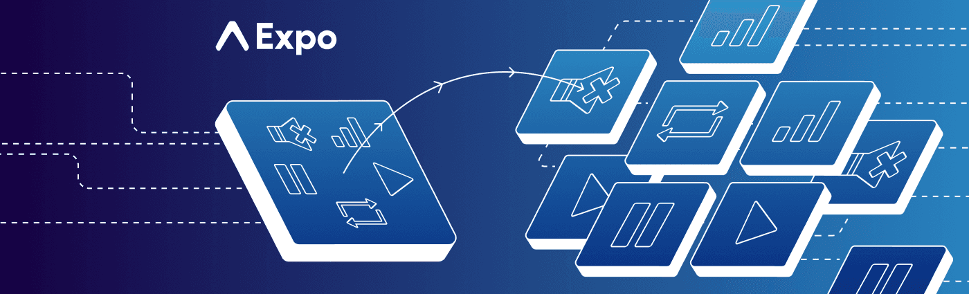 Expo video pipeline illustration with media cards flowing between screens